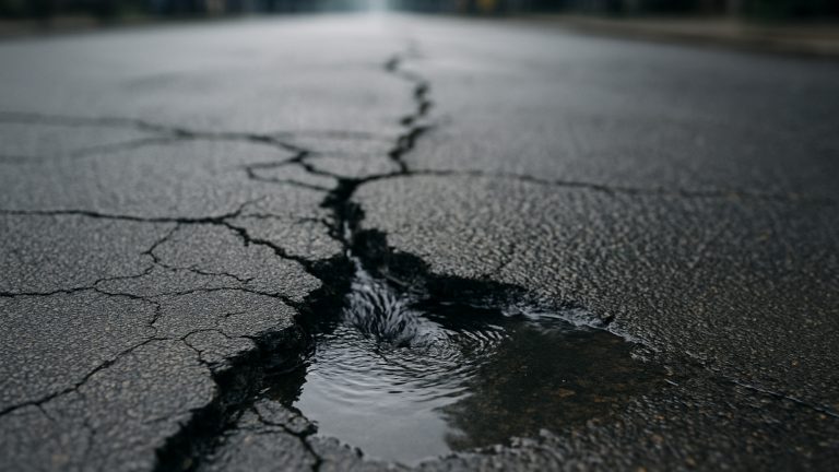 A cracked public street requiring water asset management