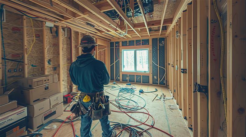 A communications worker on a construction site installing Cat6A cabling
