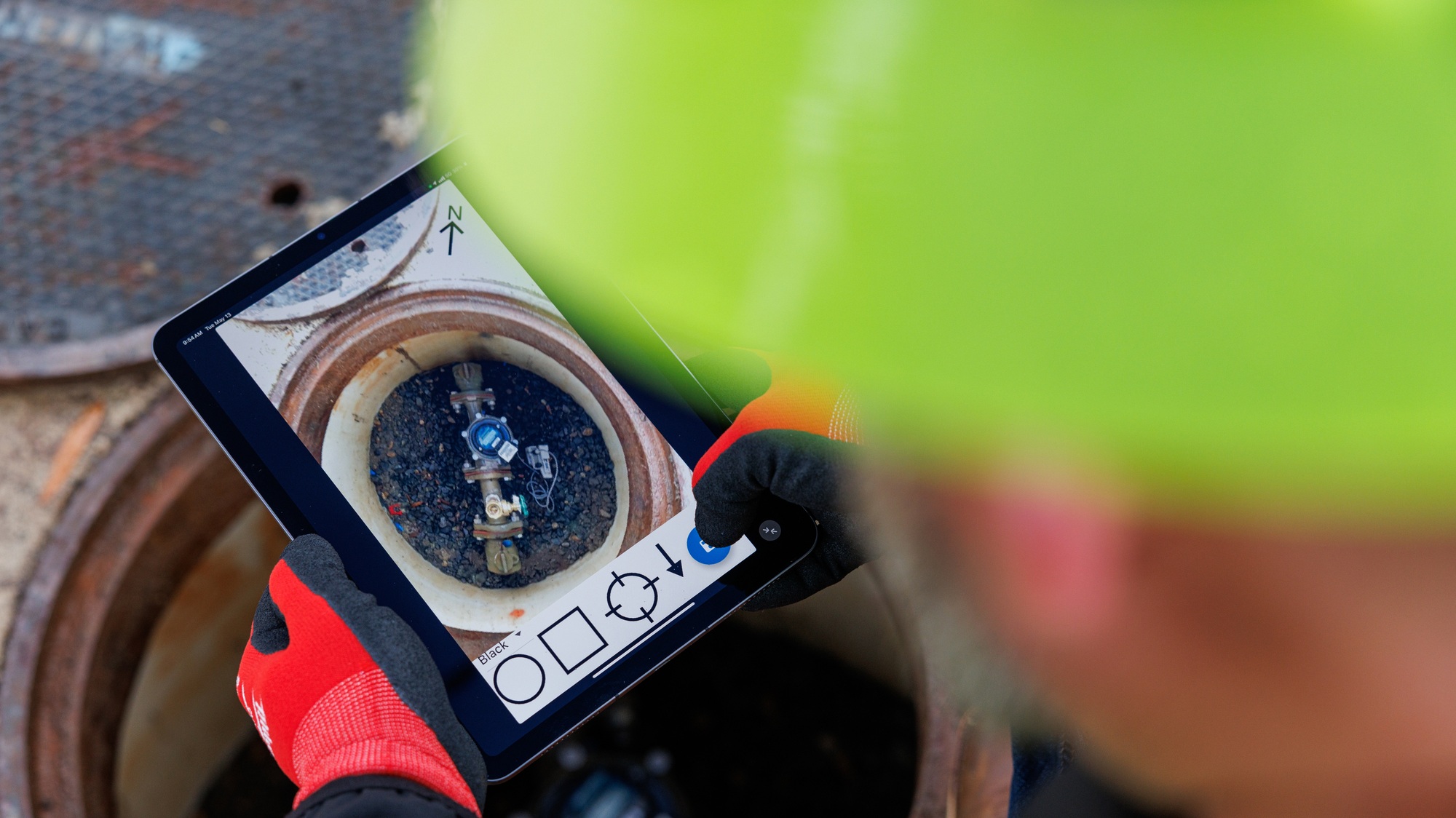 A CivilSense field expert examining an acoustic sensor placed within the water distribution network in order to detect leaks and target water line repairs