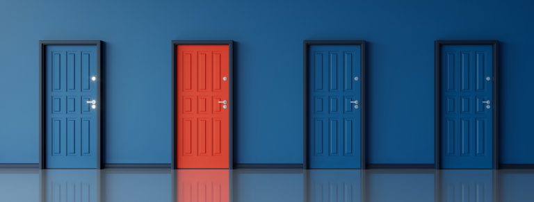 CivilSense™ Non-Revenue Water Management 3 A red door between three dark blue colored doors.